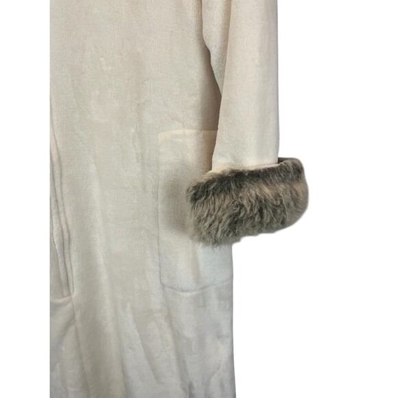 Natori Women's Faux Fur Trimmed Cozy Plush Kaftan Long Rob Size L Ivory Luxury - Picture 5 of 8